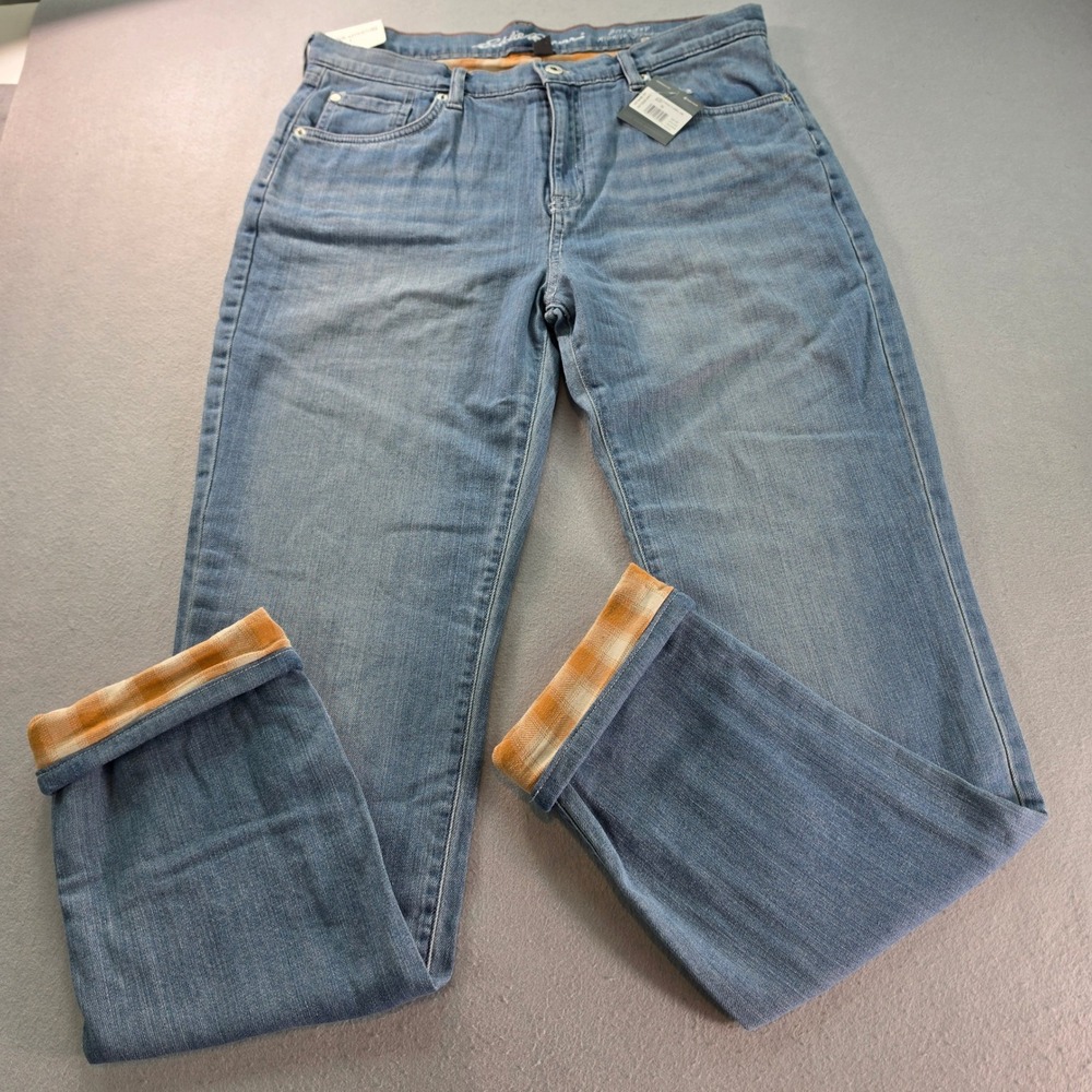 Eddie Bauer Flannel Lined Boyfriend Jeans 10T Tall Blue Rustic Cozy Heritage